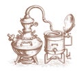 Distillation apparatus sketch. Alcohol ethanol production, distillery. Retro alcohol machine in vintage engraving style