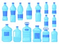 Distilled water bottles. Plastic big bottle with liter mineral bottled drinks for consumption store, blue lid