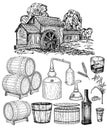 Distillery. Vector hand drawn whisky production elements Royalty Free Stock Photo