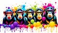 A distinct chimpanzee arrayed horizontally, each embodying a separate rainbow hue