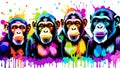A distinct chimpanzee arrayed horizontally, each embodying a separate rainbow hue