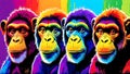 A distinct chimpanzee arrayed horizontally, each embodying a separate rainbow hue