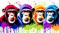 A distinct chimpanzee arrayed horizontally, each embodying a separate rainbow hue
