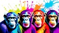 A distinct chimpanzee arrayed horizontally, each embodying a separate rainbow hue
