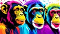 A distinct chimpanzee arrayed horizontally, each embodying a separate rainbow hue