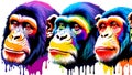 A distinct chimpanzee arrayed horizontally, each embodying a separate rainbow hue