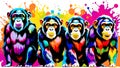 A distinct chimpanzee arrayed horizontally, each embodying a separate rainbow hue