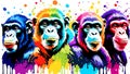 A distinct chimpanzee arrayed horizontally, each embodying a separate rainbow hue
