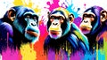 A distinct chimpanzee arrayed horizontally, each embodying a separate rainbow hue