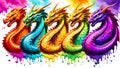 A distinct dragon arrayed horizontally, each embodying a separate rainbow hue