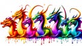 A distinct dragon arrayed horizontally, each embodying a separate rainbow hue