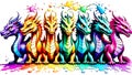 A distinct dragon arrayed horizontally, each embodying a separate rainbow hue