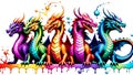 A distinct dragon arrayed horizontally, each embodying a separate rainbow hue