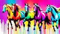 A distinct horse arrayed horizontally, each embodying a separate rainbow hue