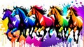 A distinct horse arrayed horizontally, each embodying a separate rainbow hue