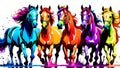 A distinct horse arrayed horizontally, each embodying a separate rainbow hue