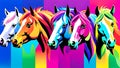 A distinct horse arrayed horizontally, each embodying a separate rainbow hue