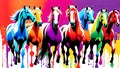 A distinct horse arrayed horizontally, each embodying a separate rainbow hue