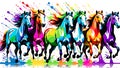 A distinct horse arrayed horizontally, each embodying a separate rainbow hue