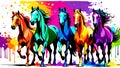 A distinct horse arrayed horizontally, each embodying a separate rainbow hue