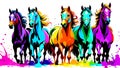 A distinct horse arrayed horizontally, each embodying a separate rainbow hue