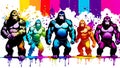 A distinct king kong arrayed horizontally, each embodying a separate rainbow hue