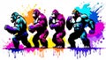 A distinct king kong arrayed horizontally, each embodying a separate rainbow hue