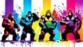 A distinct king kong arrayed horizontally, each embodying a separate rainbow hue