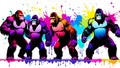 A distinct king kong arrayed horizontally, each embodying a separate rainbow hue