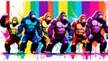 A distinct king kong arrayed horizontally, each embodying a separate rainbow hue