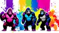 A distinct king kong arrayed horizontally, each embodying a separate rainbow hue