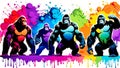 A distinct king kong arrayed horizontally, each embodying a separate rainbow hue