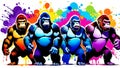 A distinct king kong arrayed horizontally, each embodying a separate rainbow hue
