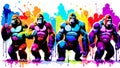 A distinct king kong arrayed horizontally, each embodying a separate rainbow hue