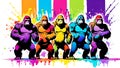 A distinct king kong arrayed horizontally, each embodying a separate rainbow hue