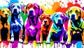 A distinct puppy arrayed horizontally, each embodying a separate rainbow hue