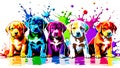A distinct puppy arrayed horizontally, each embodying a separate rainbow hue