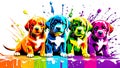 A distinct puppy arrayed horizontally, each embodying a separate rainbow hue