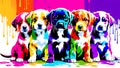 A distinct puppy arrayed horizontally, each embodying a separate rainbow hue