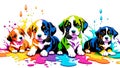 A distinct puppy arrayed horizontally, each embodying a separate rainbow hue