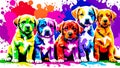 A distinct puppy arrayed horizontally, each embodying a separate rainbow hue