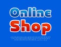 Vector bright banner Online Shop with Blue sticker Font. Trendy Alphabet Letters and Numbers Royalty Free Stock Photo