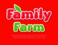 Vector colorful poster Family Farm. Red glossy Alphabet Letters, Numbers and Symbols set. Modern creative Font