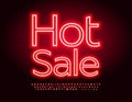 Vector promo Poster Hot Sale. Bright Neon Font. Glowing Red Alphabet Letters and Numbers