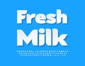 Vector advertising badge Fresh Milk. Paper style Font. Clean White Alphabet Letters, Numbers and Symbols set