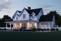 distinctive farmhouse with wrap-around porch, shingle exterior and modern lighting