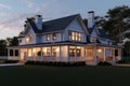 distinctive farmhouse with wrap-around porch, shingle exterior and modern lighting