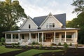 distinctive farmhouse with wrap-around porch, shingle exterior and modern lighting