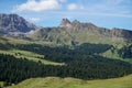 The distinctive Forcella Denti di Terrarossa on the Alpe di Siusi in the Dolomites, South Tyrol, Italy. Travel and Holiday concept