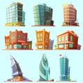 Distinctive modern and old buildings icons set